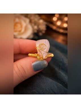 Artisan Hand Crafted Genuine Rose Quartz Copper Wrap Ring Size 8